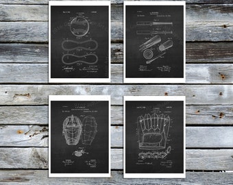 Vintage Baseball Patent Art Prints, Chalkboard Style, Set of 4