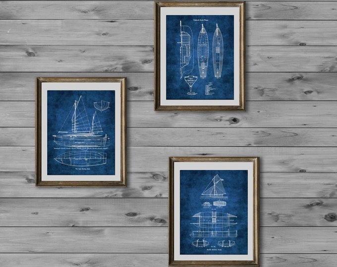 Yacht Blueprints Sailing Wall Decor Set of 3 Unframed Art Prints