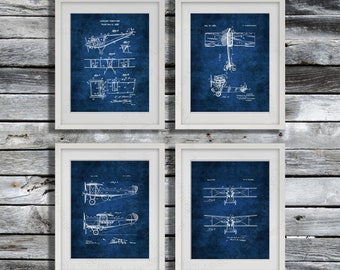 Vintage Biplane Invention Blueprints Aviation Wall Decor Set of 2 ...