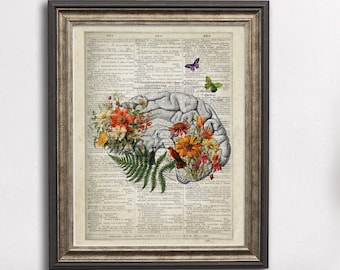 Floral Brain Anatomy Art Print, collage van woordenboekpagina's