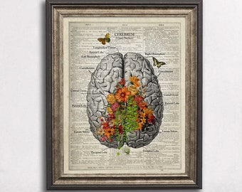 Brain Anatomy Art Print, Floral Neuroscience Gift, Upcycled woordenboekpagina