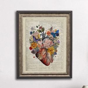 May include: A vintage anatomical heart illustration with colorful flowers and butterflies on a dictionary page background. The heart is surrounded by a variety of flowers in shades of pink, red, yellow, blue, and purple. The butterflies are also in various shades of blue and purple. The background is a vintage dictionary page with faded text.