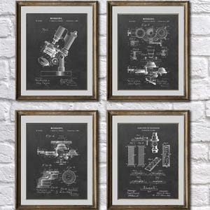 May include: Four framed prints featuring vintage microscope patent illustrations. Each print has a dark background with white technical drawings and text, encased in a brown wooden frame. The prints are displayed against a white brick wall.