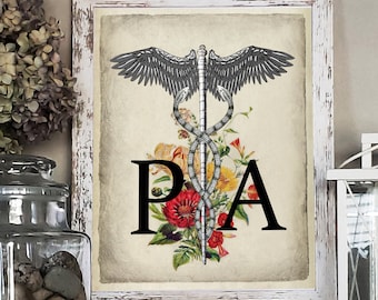 PA Medical Caduceus Floral Art Print, cadeau arts-assistent