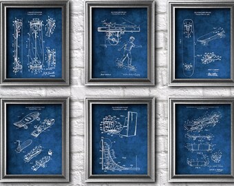 Skateboard Art Set of 6 Unframed Blue Skateboarding Patent Art Great Skateboarder Gift or Teen Boy's Room Wall Decor