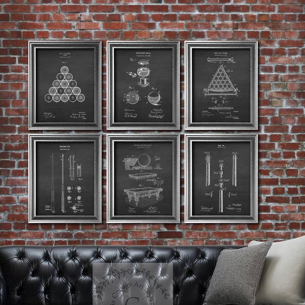 Pool Billiards Rec room decor set of 6 art prints Billiards balls Pool Table Billiard table, Billiard Cue art prints Billiards gifts for him