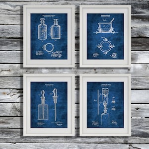 Pharmacist Gift Wall Decor Set of 4 Blueprint for Pharmacy Druggist Mortar Medicine Bottle Dropper Filter Invention