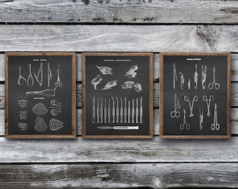 Surgeon Gift Wall Decor set of 3 Unframed Art Prints Surgical Instruments Illustrations