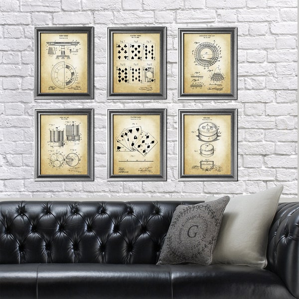 Vintage Poker decor set of 6 unframed art patent blueprints poker table playing card poker chip