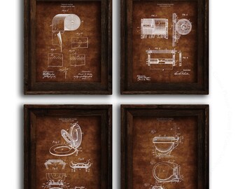 Toilet Patent Prints, Bathroom Blueprint Art, Set of 4