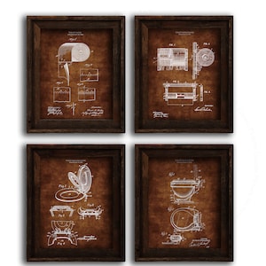 Bathroom posters set of 4 wall art prints, bathroom decor inspired by historical inventors blueprint diagrams, great for bathroom wall decor