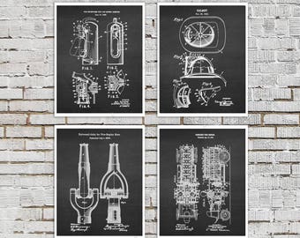 Firefighting Equipment Patent Art Prints, Fire Department Decor, Set of 4