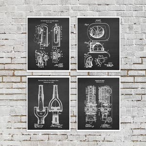 Firefighter gift set of 4 firefighting equipment patent art prints, Fire Department Decor Fireman Helmet Truck Fire Hose Extinguisher