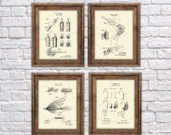 Fly Fishing decor Fishing Lure Fly rod patent art prints set of 4 unframed fly fishing decor,  fly fishing Gift, fly fishing retirement gift