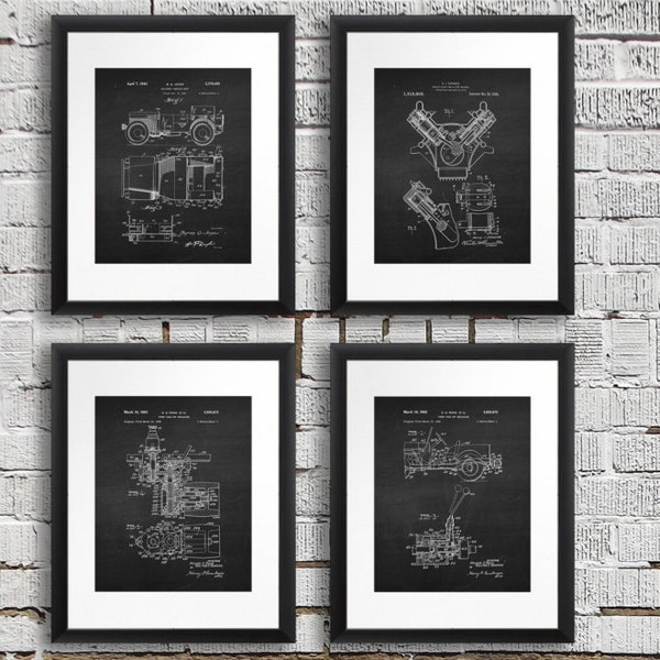 Willys Jeep Decor Wall Art Prints set of 4 unframed prints, Antique Jeep military vehicle parts patent, man cave decor, gift for jeep lover