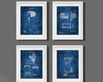 Bathroom wall decor, bathroom decoration, navy wall art, set of 4 toilet paper toilet seat patent prints