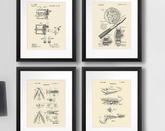 Fishing decor Fishing Lure Fishing Reel patent art prints set of 4 fishing home decor,  Gift for Dad, fly fishing idea