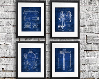 Firefighter Patent Art Prints, Fire Department Decor, Set of 4