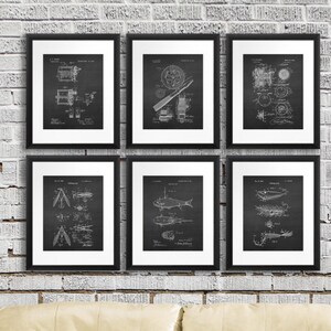 Fishing Home Decor Art Prints set of 6 Patents of Fishing Reels and Fishing Lure, Gift for Dad, Fishing Decor, Rustic Decor