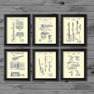 Vintage Fender Guitar Patent Art Prints Cream Wall Art set of 6 patent art prints Gift for Guitarist Music Studio Wall Decor, Musician Gift