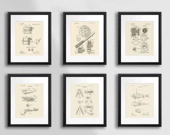 Lake House Decor set of 6 unframed fishing patent prints fly fishing gifts