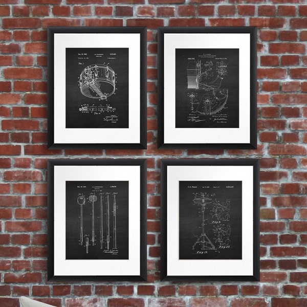 Drum Wall Art Set of 4 Unframed prints Patent of Snare Drum, Hi-hat, Drumstick Percussion Instruments, Drummer Decor