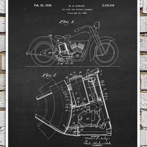 Vintage Harley Davidson Motorbike Patent Art Print #C2 with Chalkboard Image. Gift for Biker, Motorcycle Garage Decor Man Cave Decor