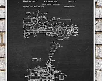 Stampa artistica del brevetto della Jeep Willys, diagramma delle parti del basamento, arredamento vintage