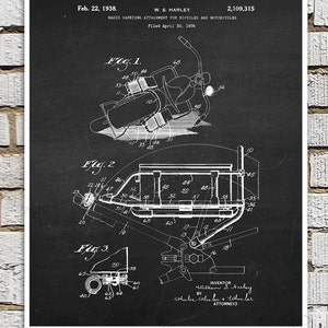 Harley Davidson Motorbike Patent Art Print #B4 with Chalkboard Background Image. Gift for Biker, Motorcycle Man Cave Decor Harley Wall Decor