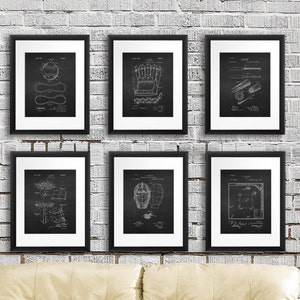 Baseball wall decor set of 6 patent prints chalkboard black and white prints, boys room baseball decor, kids room decor idea, baseball decor
