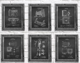 Láminas artísticas de patentes de cámaras, conjunto de dibujos antiguos de invenciones fotográficas