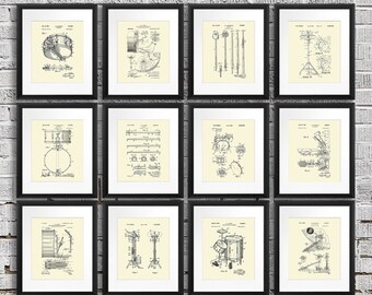 Vintage Drum Set Patent Art Prints, Musician Wall Decor (Set of 12)