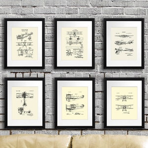 Vintage Airplane Biplane Invention Patent art Aviation Wall Decor Set of 6 Unframed Art Prints Aviation Gift Ideas