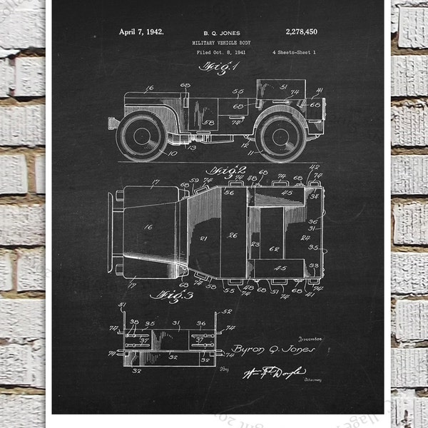 Willys Jeep Patent Print # 1, one single unframed art print, Antique Jeep military vehicle parts patent, Jeep Gift idea, Jeep Wall Decor