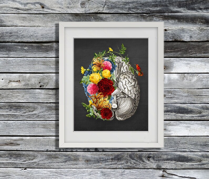 Anatomy Brain Art With Flowers Wall Decor Print Gift for Women Etsy