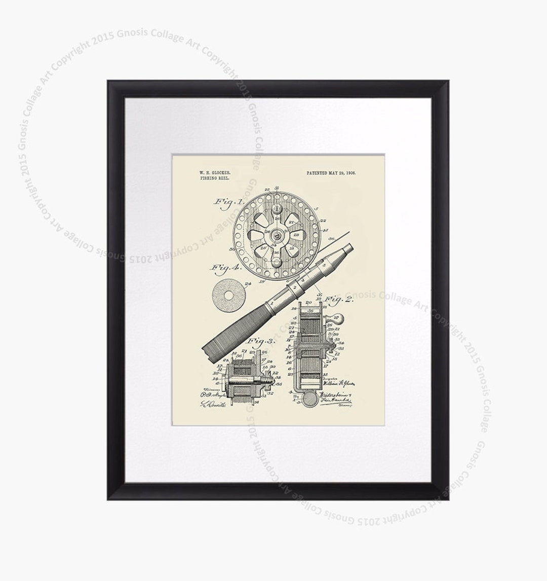 Summer Wall Decor, Vintage Fishing Reel Invention Patent Drawing Art