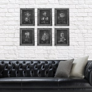 Câmera patenteada arte imprime conjunto de 6 desenhos de invenção de fotografia antiga em preto e branco ótimo como presente para fotógrafo