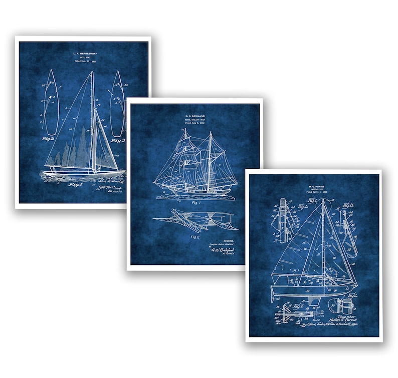 Sailboat Art Blueprints Sailing Wall Decor Set of 3 Unframed Art Prints Sailing Gifts image 1