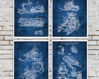 Vintage Snowmobile Patent Prints, Set of 4, Winter Sports Decor