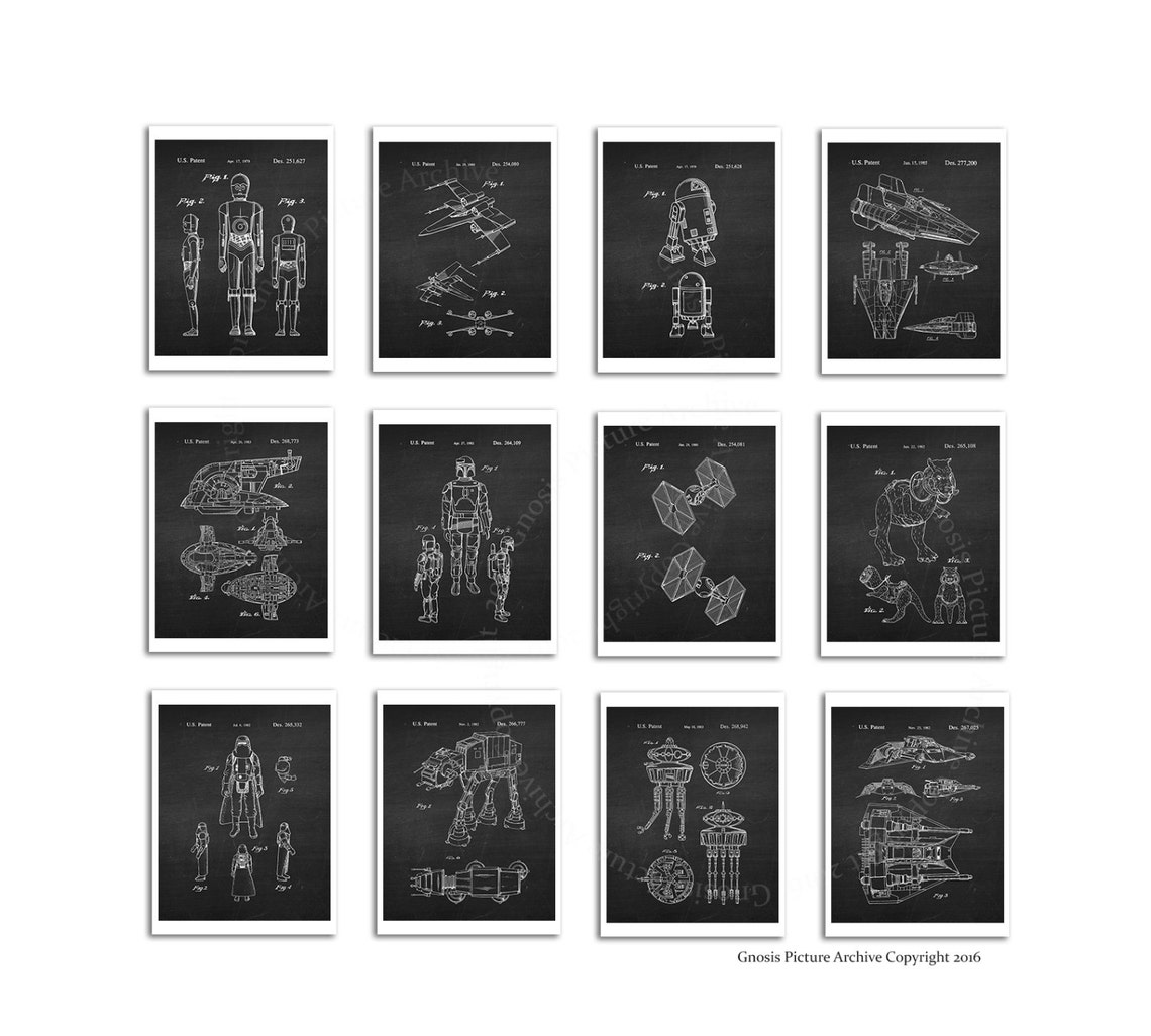 Star Wars Wall Art Set of 12 Star Wars Patents Chalkboard Etsy