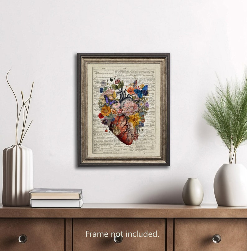 May include: A vintage anatomical heart illustration with colorful flowers and butterflies on a dictionary page background. The heart is surrounded by a variety of flowers in shades of pink, red, yellow, blue, and purple. The butterflies are also in various shades of blue and purple. The background is a vintage dictionary page with faded text.