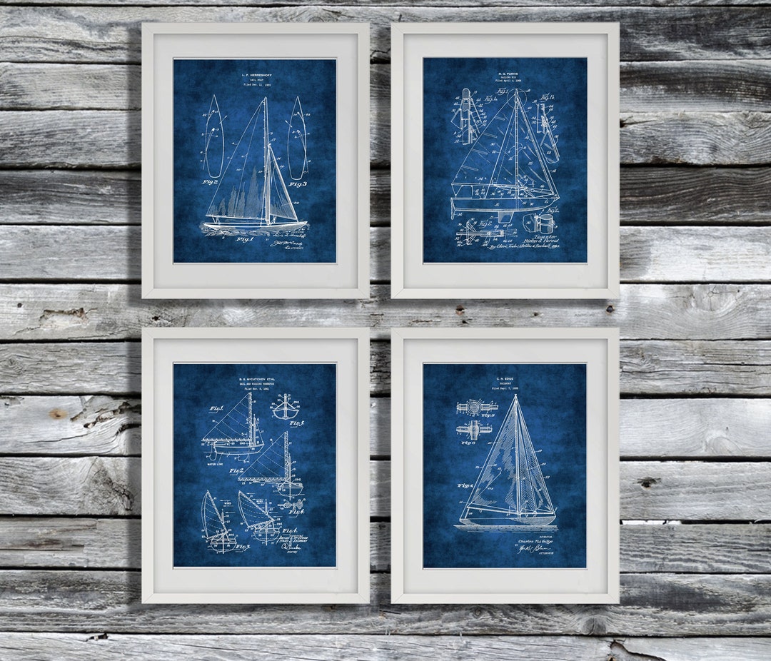Sailboat Blueprint Art Prints, Lake House Decor Set of 4 - Etsy