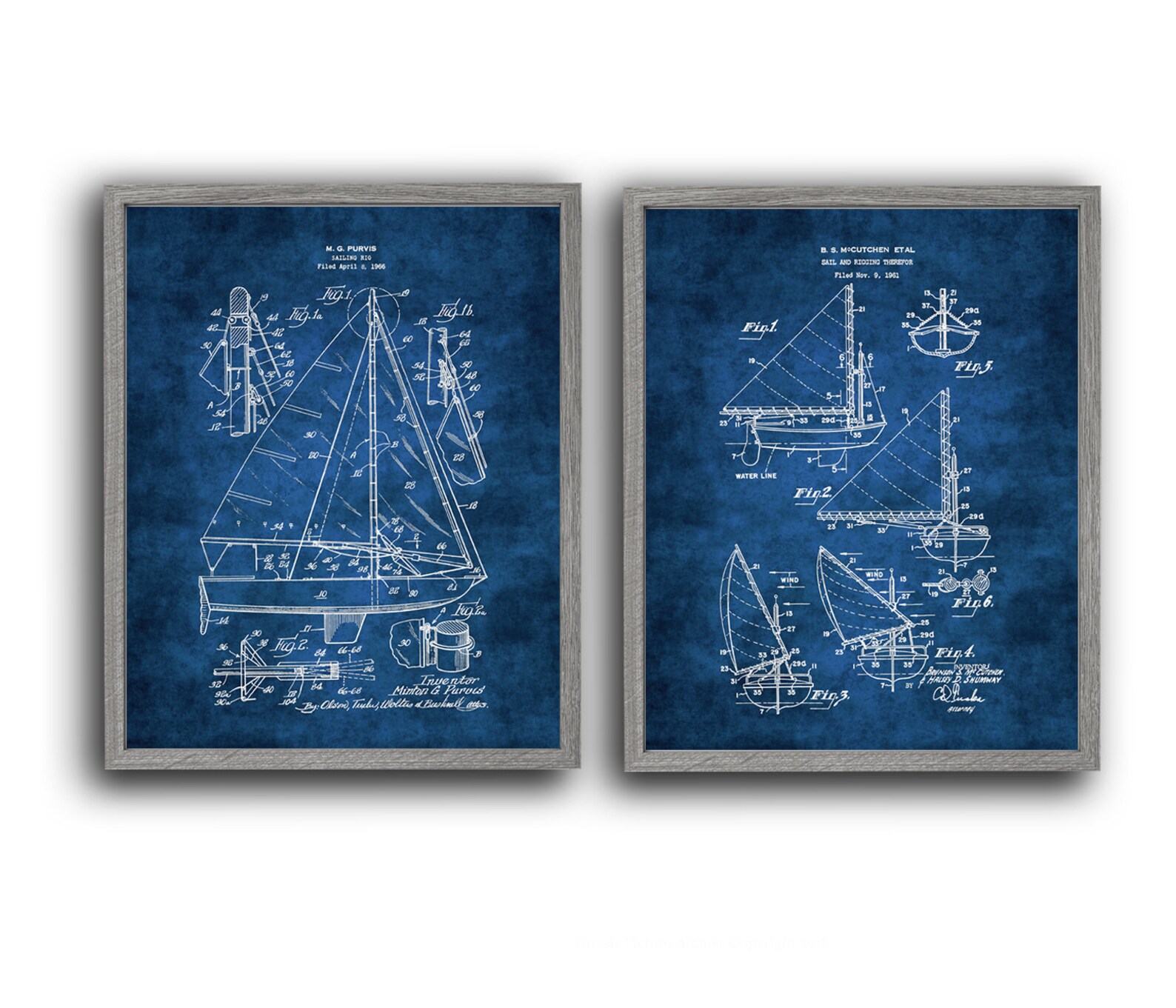 Sailing Gift Wall Decor Set of 2 Unframed Sailboat Decor Blueprint ...