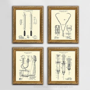 Doctor&#39;s Office Wall art set of 4 Unframed Cream Medical Patent prints,  medical school graduation gift, nurse gift, Gift for Doctor