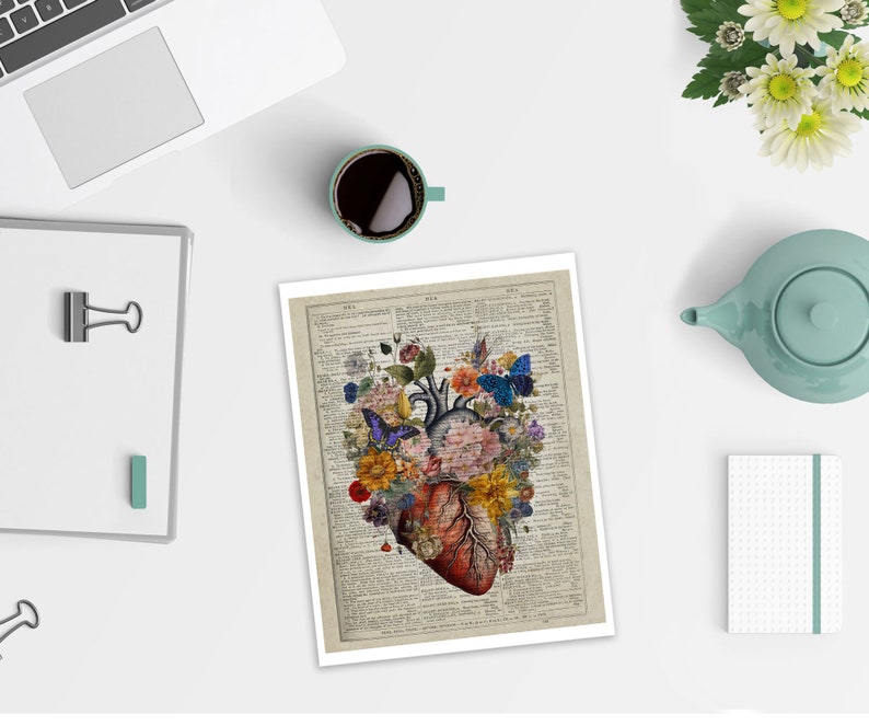 May include: A vintage anatomical heart illustration with colorful flowers and butterflies on a vintage book page background.