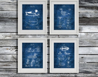 Duck Hunting Decoy Patent Art Prints, Set of 4, Man Cave Decor
