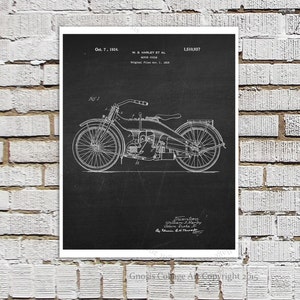 Harley Davidson Motorcycle Patent Art Print #A1 with Chalkboard Background Image. Gift for Biker, Motorcycle Wall Decor, Harley Wall Decor