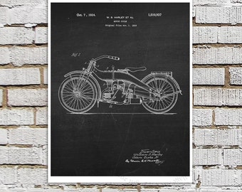 Harley Davidson Motorcycle Patent Art Print #A1 with Chalkboard Background Image. Gift for Biker, Motorcycle Wall Decor, Harley Wall Decor