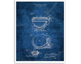 May include: A vintage blueprint style illustration of a toilet seat lifter patent. The patent is titled "Toilet Seat Lifter" and was patented in April 1955. The blueprint shows three different views of the toilet seat lifter.