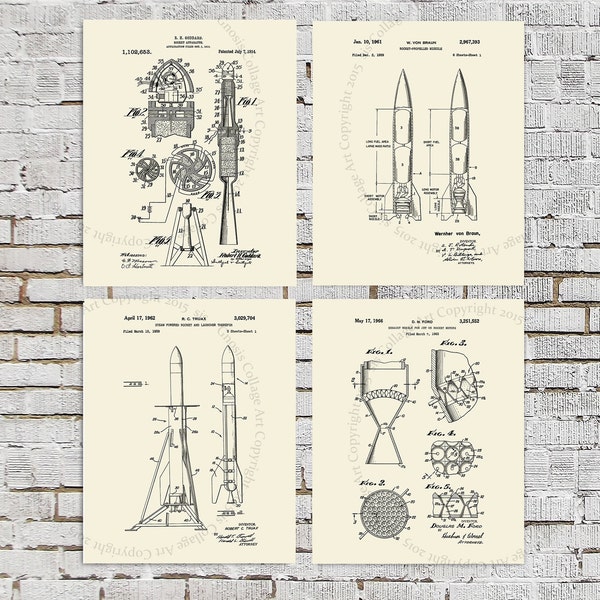 Rockets Patent Art prints set of 4, Wernher Von Braun Rocket design NASA Decor, Boys Wall Decor, Space Decor, Science Nerd Decor, Geekery